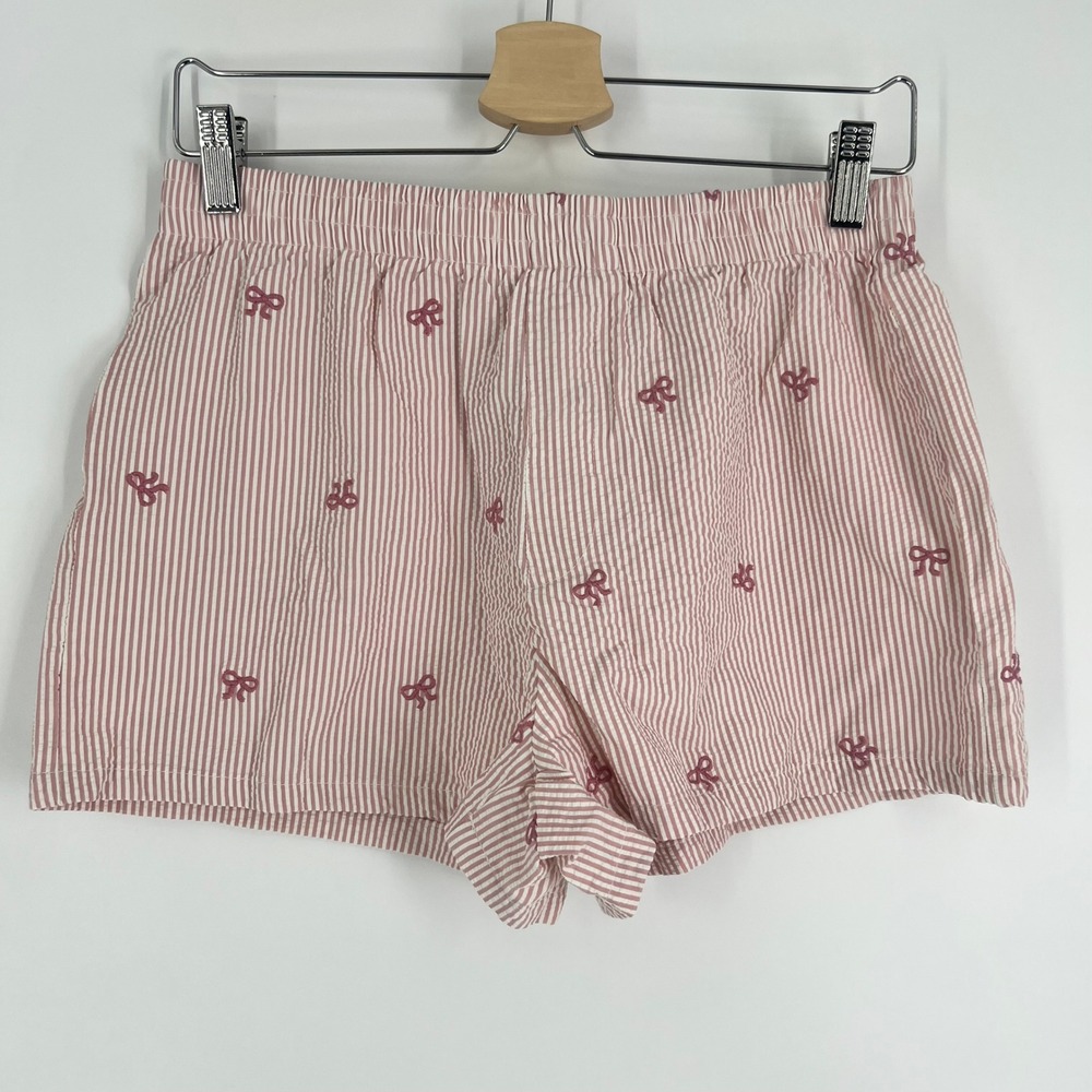 Wild Indigo Pink Women Medium Seersucker Bow Embroidered Pajama Lounge Shorts